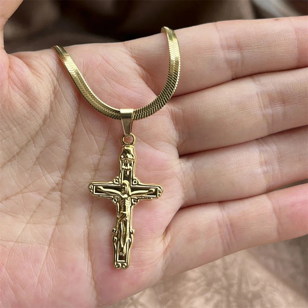 キリスト教イエス十字架ネックレス レディース メンズ ステンレススチールチェーン チョーカー 宗教的十字架ペンダント ジュエリー 祈り 洗礼ギフト