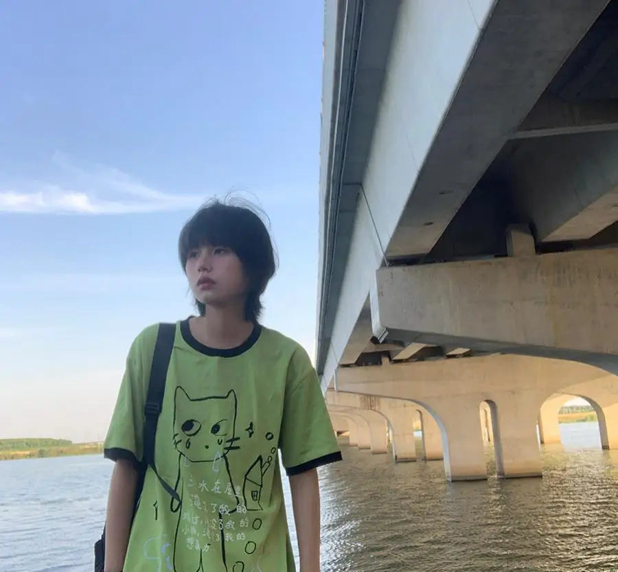 日本のサブカルチャー かわいい猫プリント 半袖Tシャツ レディース 夏 ヴィンテージ グリーン カジュアル ゆったり スウィートガール Y2K トップス