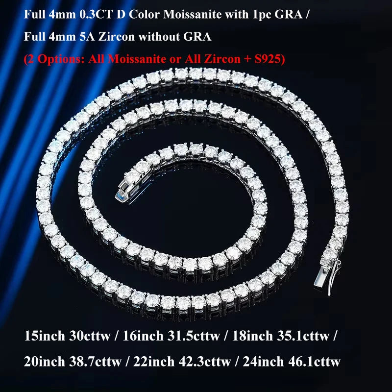 EWYA Real 2-5mm Full D Color Moissanite Tennis Neck Chain Necklace for Woman Man 925 Silver GRA Certified Party Bridal Necklaces
