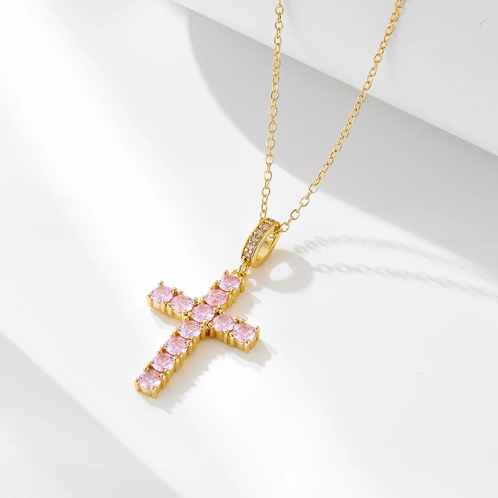 925 Silver Hip Hop Cross Necklace for Women Trendy Lightweight Pink Zircon Pendant Clavicle Chain Fashion Jewelry Accessory