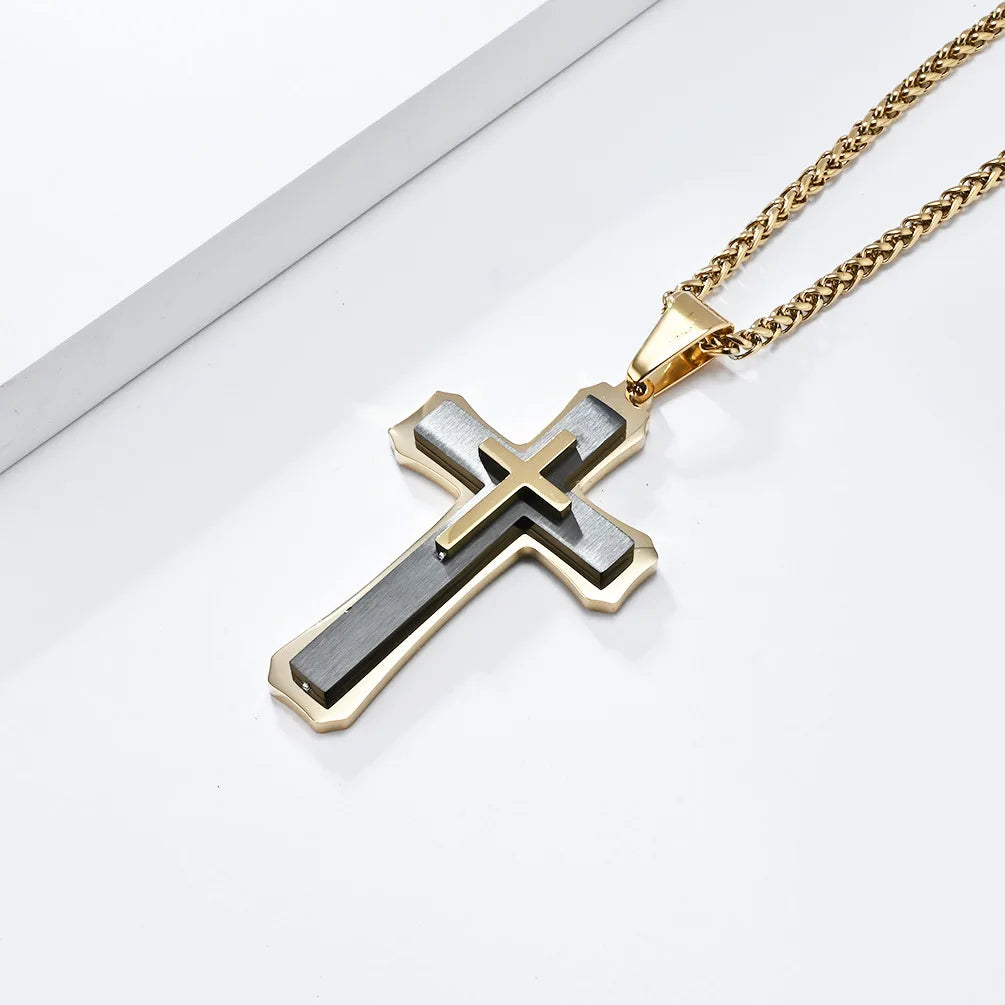 メンズ向け、トレンドの3層クロスペンダントネックレス