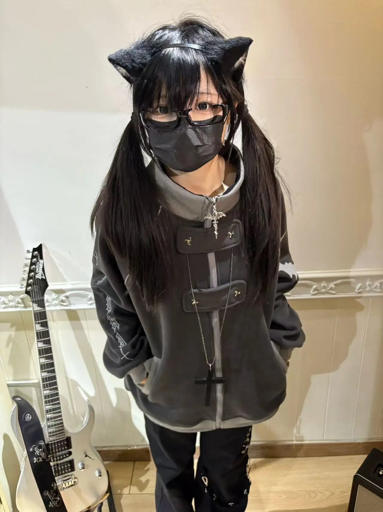 ファッションベルベットスタンドカラーサブカルチャー猫耳フード付きスウェットシャツジャケットオリジナルゴシック長袖ゆったり暖かいエレガントコート