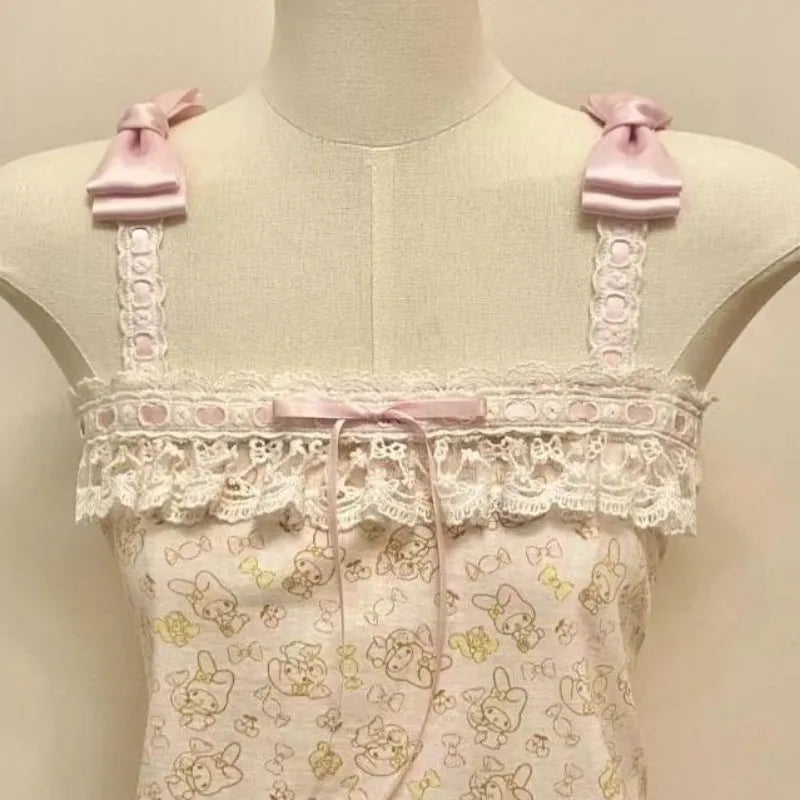 フレンチヴィンテージホットティーホルターベストサブカルチャーレースステッチタンクトップかわいいリボンデザイントップスレディースキュート漫画プリントキャミソール
