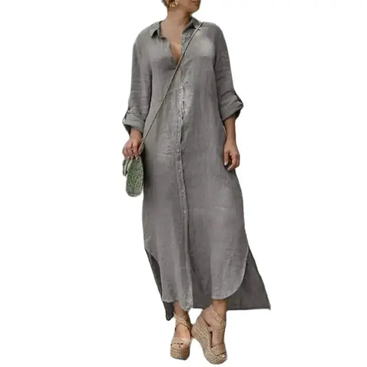 Women Comfortable Casual Cotton Linen Dresses Lapel Single-breasted Cardigan Dress Spring Autumn Long Sleeve Daily Commuter Gown
