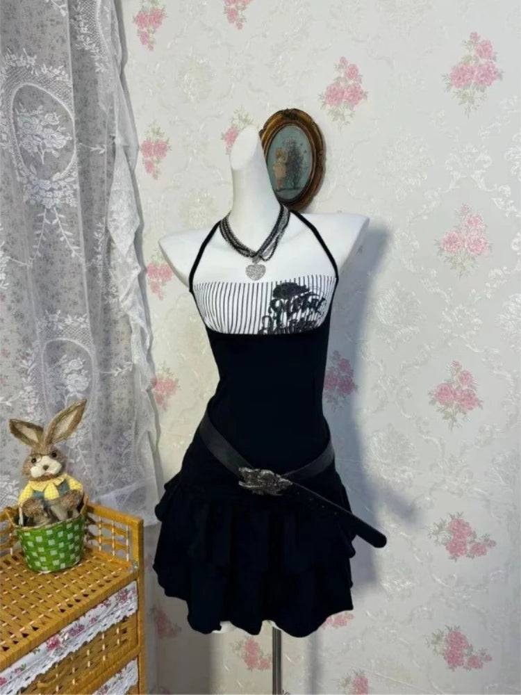 サブカルチャー パンク ヴィンテージ Y2K フェイクツーピース ホルターネック トップス レディース セクシー ゴシック アメリカン レトロ カジュアル シック ラップ チェストタンクトップ ブラック Tシャツ