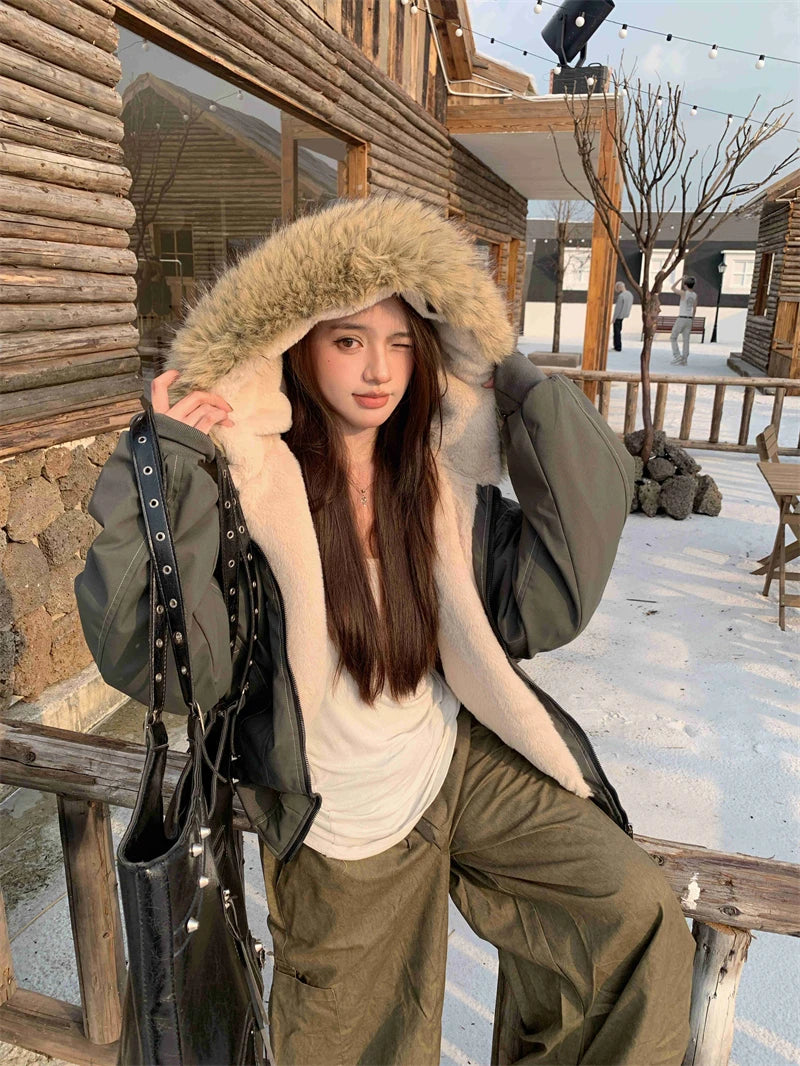 ZAROY レディース&amp;メンズ 冬用ジャケット Y2K ストリートウェア ファーカラー フード付き カジュアル ルーズコート 暖かい 原宿系 パーカー ゴシック パーカー куртк