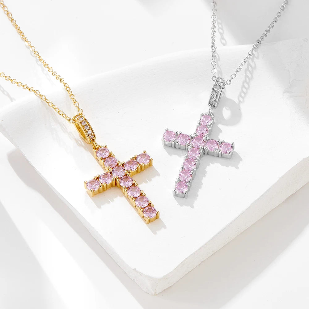 925 Silver Hip Hop Cross Necklace for Women Trendy Lightweight Pink Zircon Pendant Clavicle Chain Fashion Jewelry Accessory