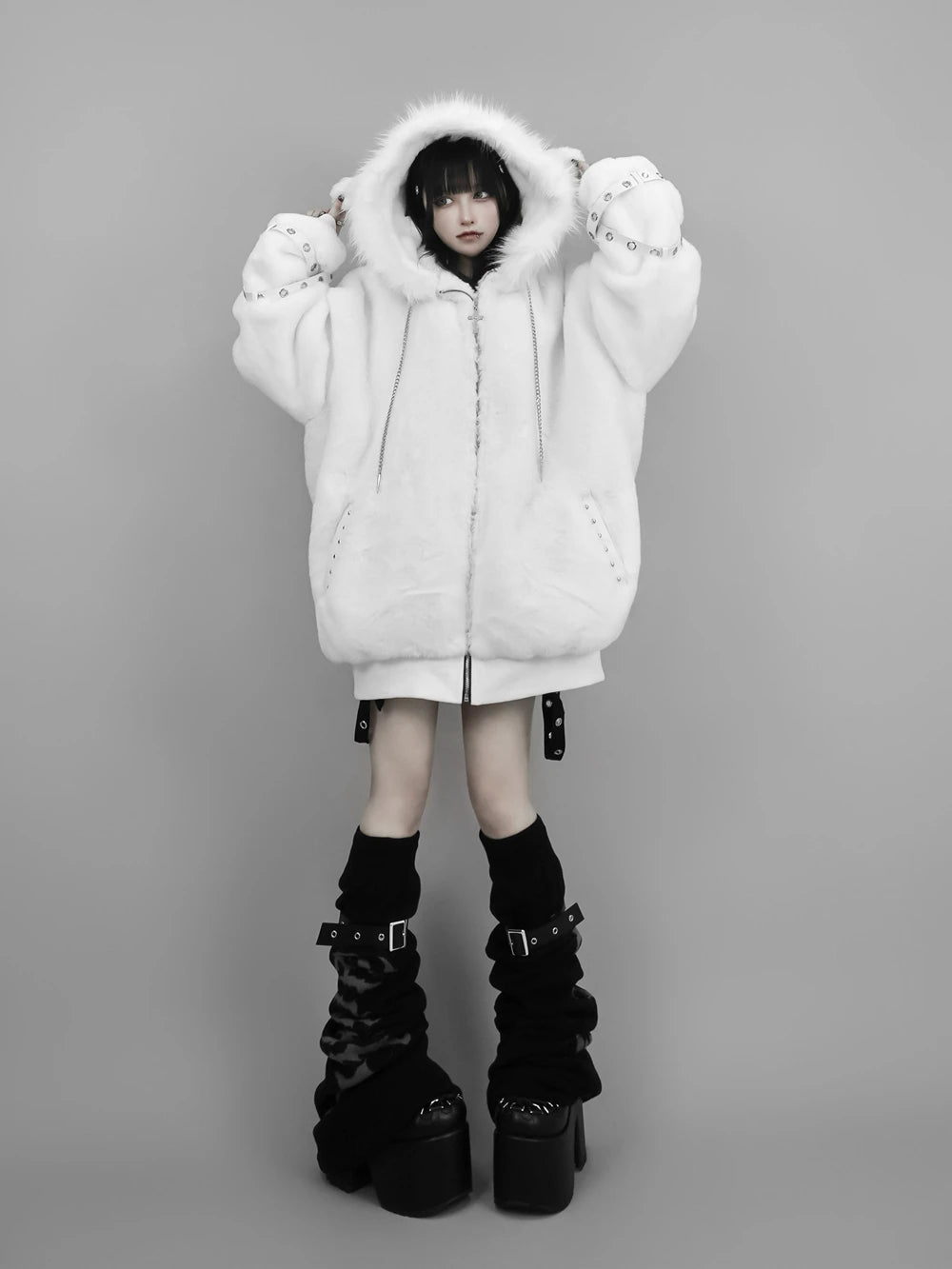 日本製マインシリーズ リベットクロス シープイヤー フード付きジャケット 冬物 新作 ゴスパンク ダークガールズ イミテーションファー プラッシュコート レディース