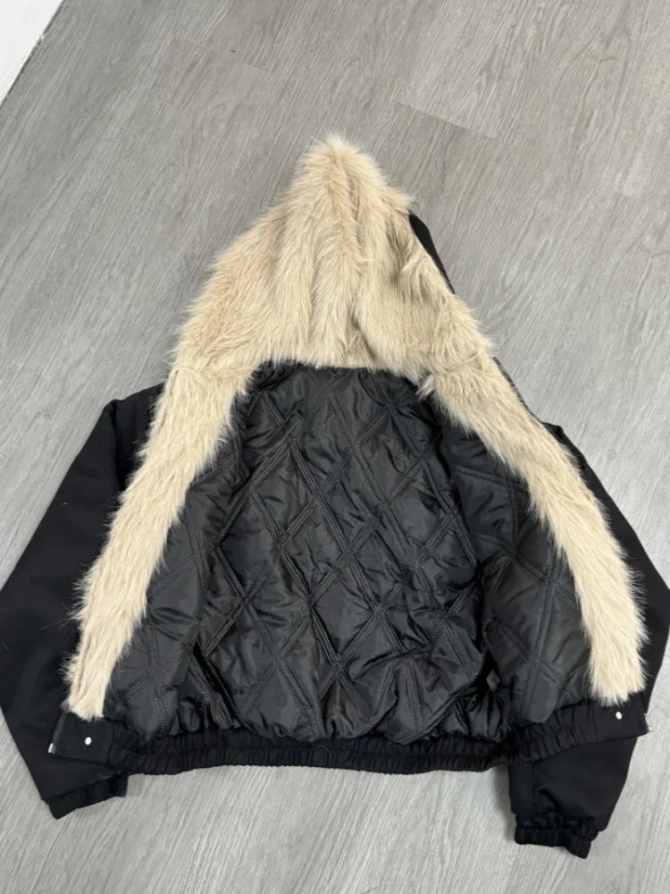 アメリカンスタイル レトロ フード付き 冬 ゴシック 原宿 ファッション ブラック コート カジュアル アウター Y2K ファーカラー パーカー レディース シック