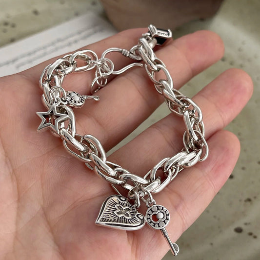 100%ソリッド925スターリングシルバーレトロブレスレット レディース メンズ ヴィンテージ ハンドメイド ヴィンテージ ハート クロス パターン ブレスレット 誕生日ギフト