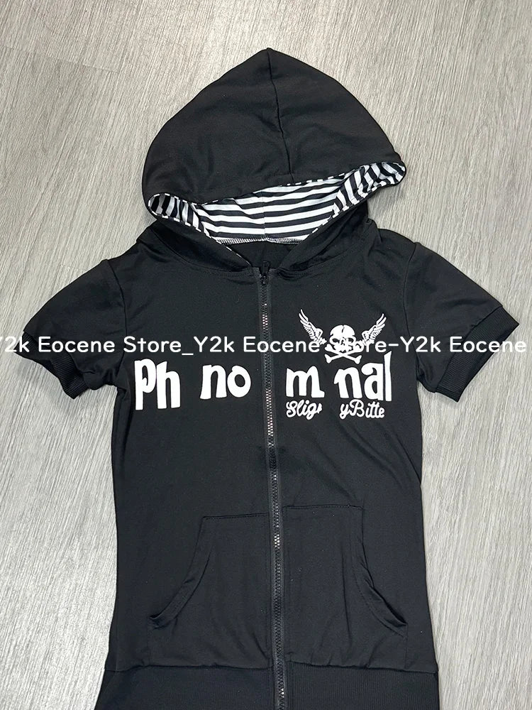 Y2K サブカルチャー スカルプリント ジップカーディガン 半袖 レディース 日本製 スリムフィット ストライプ パーカー カジュアル トップス ファッション ストリートウェア