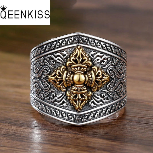 QEENKISS 925スターリングシルバー ヴィンテージクロスリング メンズ 誕生日 結婚式 パーティー クリスマス 彼氏 父親へのギフト RG7008