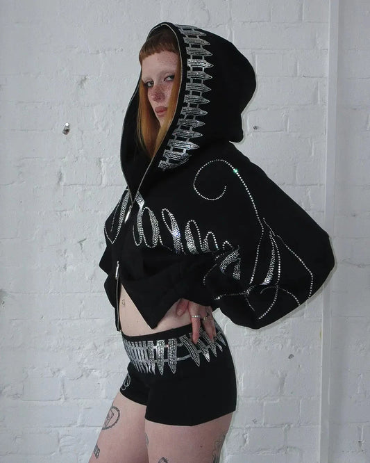 ヴィンテージ 2000年代 クロップド カジュアル ジャケット ヒップホップ レター シャイン ラインストーン オーバーサイズ ジッパー パーカー スウェットシャツ Y2K レディース パーカー