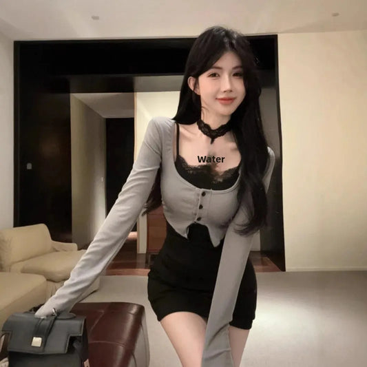 Sexy Cat Girl Spicy Short Skirt Long Sleeve Lace Hollow out Black Butterfly Knot Neckline Dress Mini Dress Chinese Brand