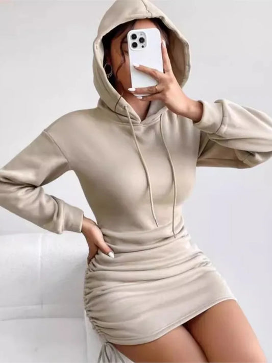 Woman's Sexy Basic Solid Color Dress Autumn Fashion Grey Long Sleeves Hooded Tie Dresses Ladies Slim  Package Hip Mini Dress