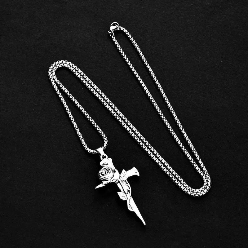 Vintage Rose Flower Cross Personality Trendy Jewelry for Men and Women Long Necklace Hip Hop Couple Alloy Pendant Sweater Chain