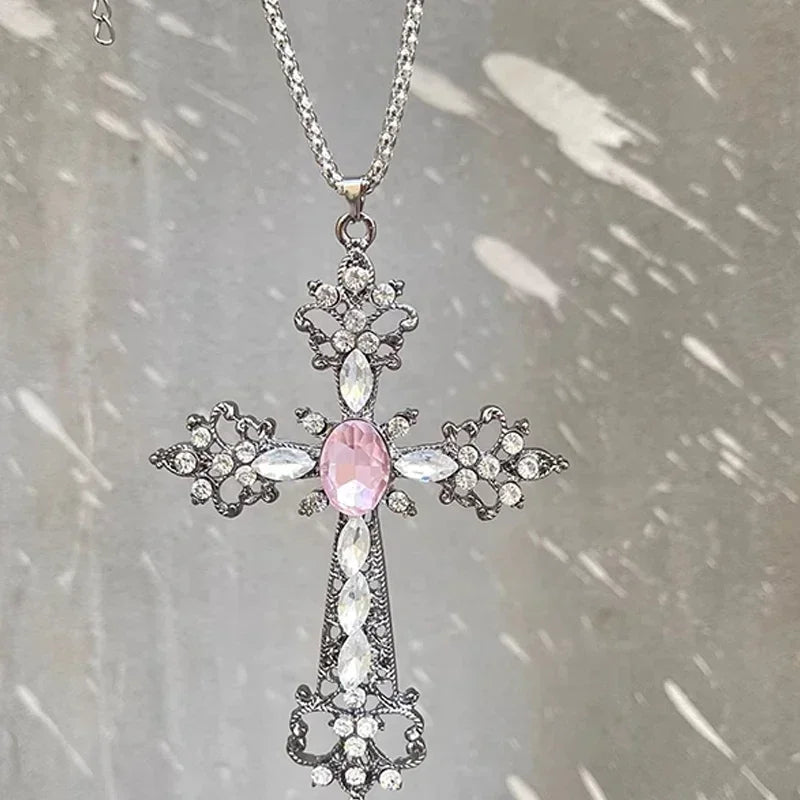 ゴシック ビッグジルコン クロスネックレス ユニセックス Y2K 不規則 ゴス ラージクロスペンダントネックレス メンズ レディース カップルネックレス ジュエリー