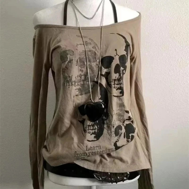 American Vintage Print T-shirt Women Aesthetic Punk Design Long Sleeve Gothic Y2k Tops Subculture Casual Retro Harajuku Tees
