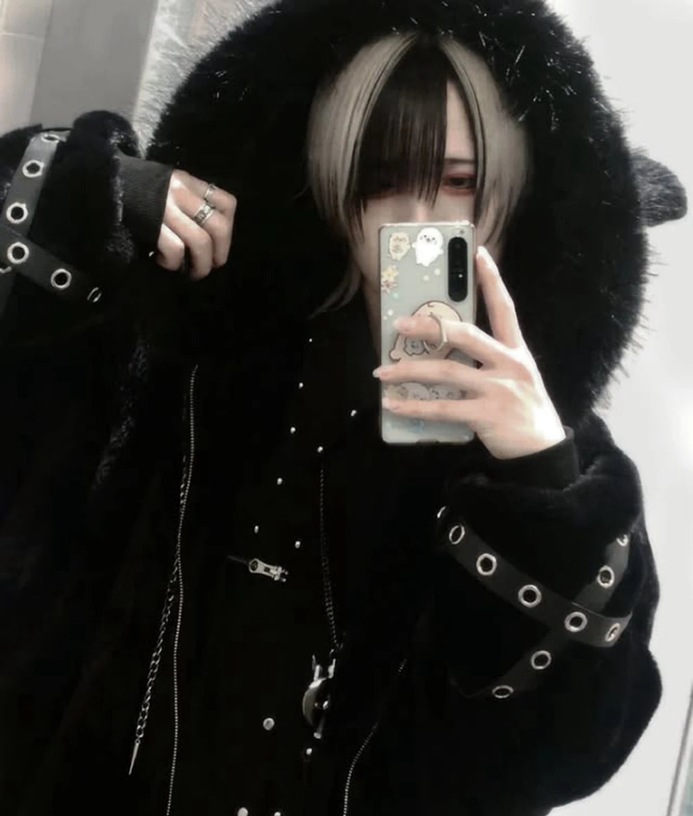 日本製マインシリーズ リベットクロス シープイヤー フード付きジャケット 冬物 新作 ゴスパンク ダークガールズ イミテーションファー プラッシュコート レディース