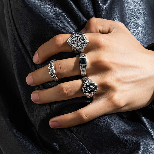4個セット ハロウィンジュエリー ゴシック ヴィンテージ スチームパンク メタルクロスリングセット メンズ パンク シルバーカラーリング パーティーギフト 新登場