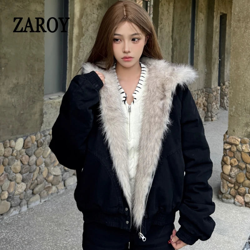 ZAROY レディース&amp;メンズ 冬用ジャケット Y2K ストリートウェア ファーカラー フード付き カジュアル ルーズコート 暖かい 原宿系 パーカー ゴシック パーカー куртк