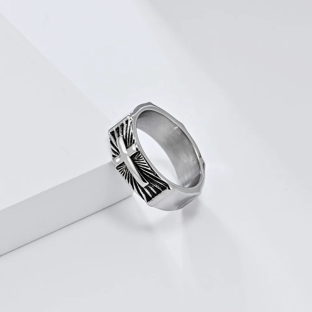 ヴィンテージ ホーリーライト クロスリング メンズ ステンレススチール タリスマンリング 宗教的信仰ジュエリー イースター ハロウィン 感謝祭ギフト