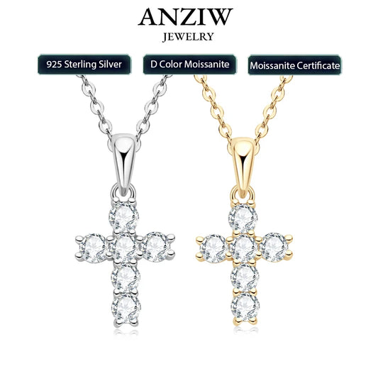 Anziw Classic Charm Cross Pendant Necklace 925 Sterling Silver Moissanite with Certificate  for Women Men Gifts Collar Jewelry