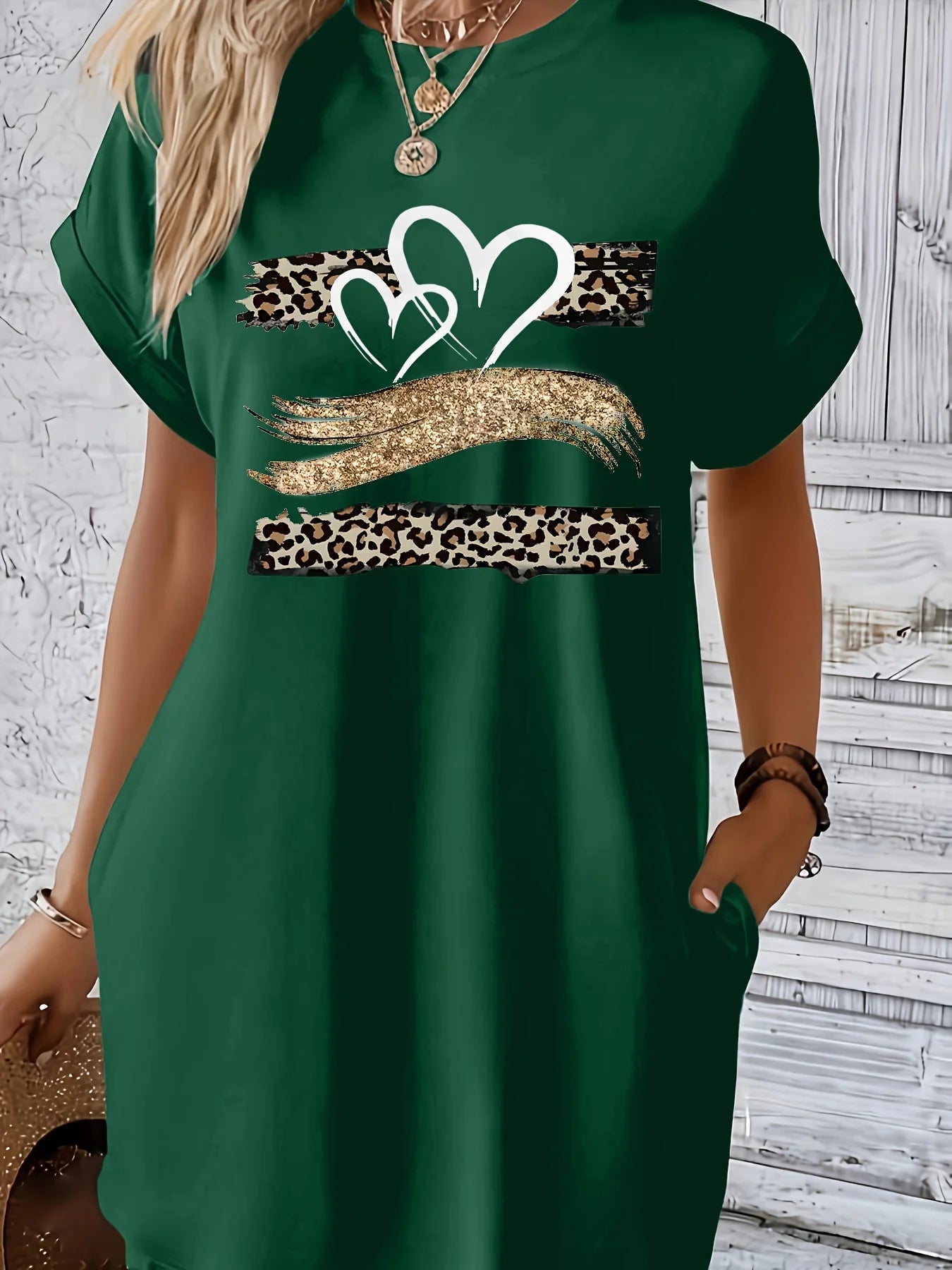 Women'S Casual Knit TShirt Dress with Heart  Print Crew Neck Short Sleeve Fashionable Top Black with Colorful Flag Design