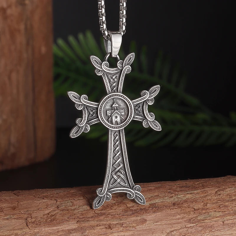 Stylish Valknut Celtic Cross Pendant Necklace Armenian Cross or Khachkar Cross Jewelry for Men