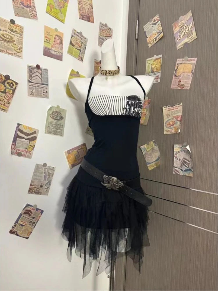 サブカルチャー パンク ヴィンテージ Y2K フェイクツーピース ホルターネック トップス レディース セクシー ゴシック アメリカン レトロ カジュアル シック ラップ チェストタンクトップ ブラック Tシャツ