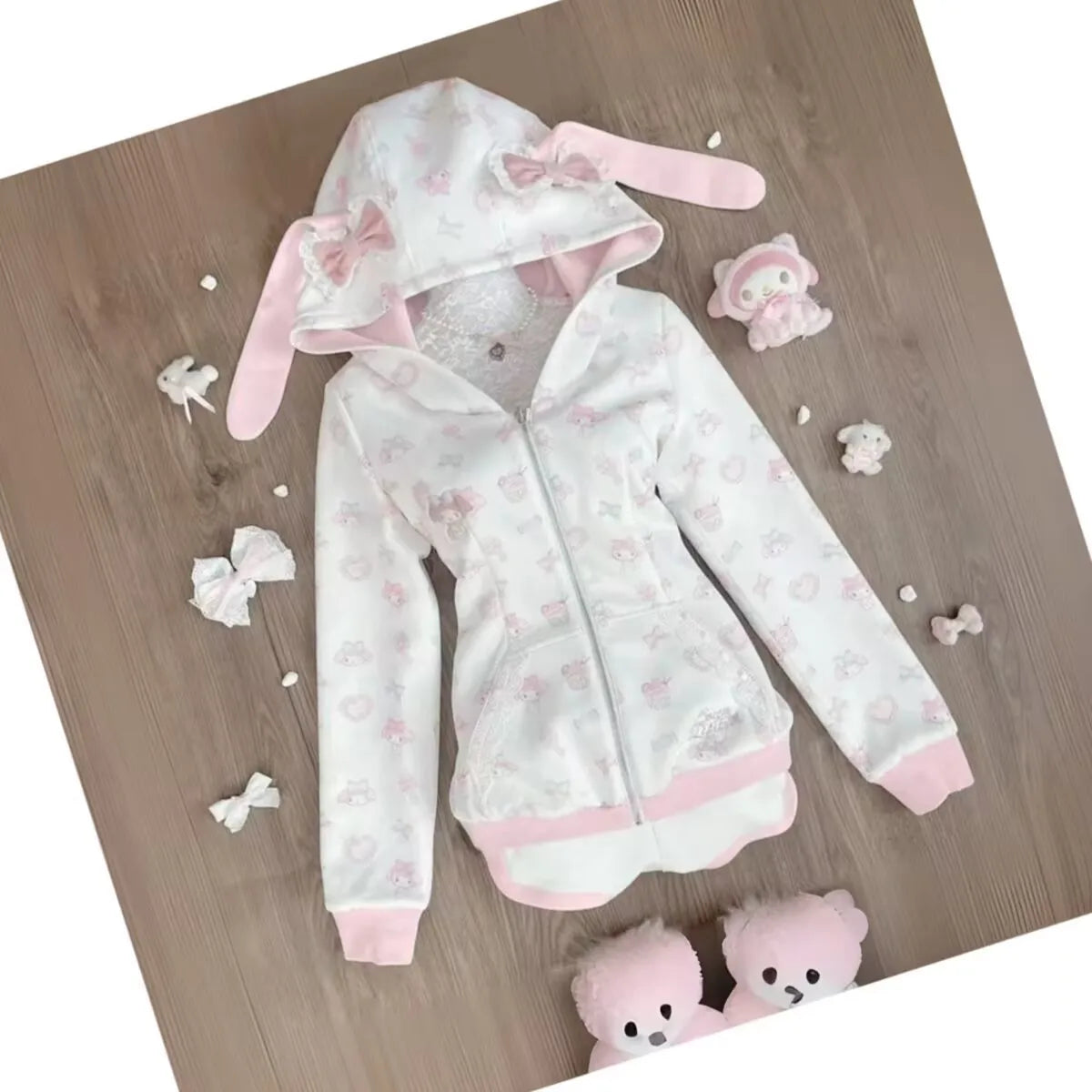 原宿系 和風 かわいい スウェットシャツ 漫画 ウサギ プリント パーカー Y2K ピンク サブカルチャー リボン ジップアップ パーカー レディース スリム アニメ パーカー