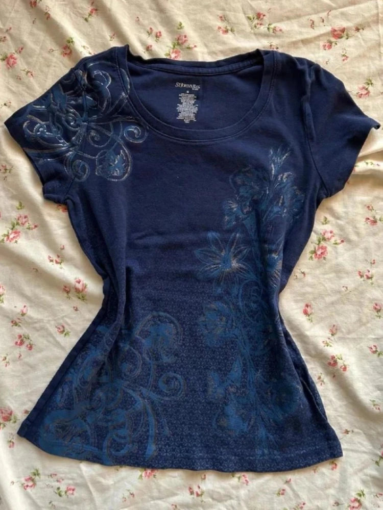 レディース サブカルチャー ヴィンテージ パープルプリント Tシャツ 夏 Y2K アメリカンレトロ スリムTシャツ カジュアル 原宿 グランジ ファッション トップス 新着