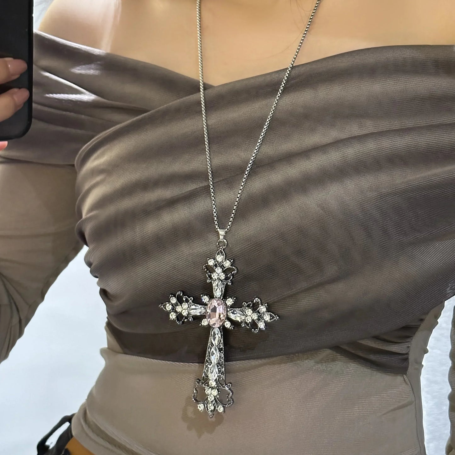 ゴシック ビッグジルコン クロスネックレス ユニセックス Y2K 不規則 ゴス ラージクロスペンダントネックレス メンズ レディース カップルネックレス ジュエリー