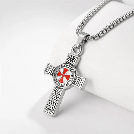 Vintage Punk Red Cross Templar Pendant Necklace for Men Fashion Charm Christian Religious Jewelry