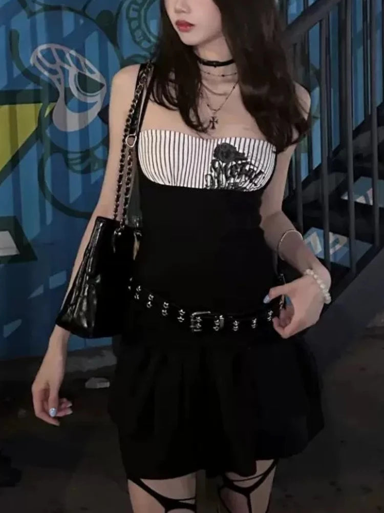 サブカルチャー パンク ヴィンテージ Y2K フェイクツーピース ホルターネック トップス レディース セクシー ゴシック アメリカン レトロ カジュアル シック ラップ チェストタンクトップ ブラック Tシャツ