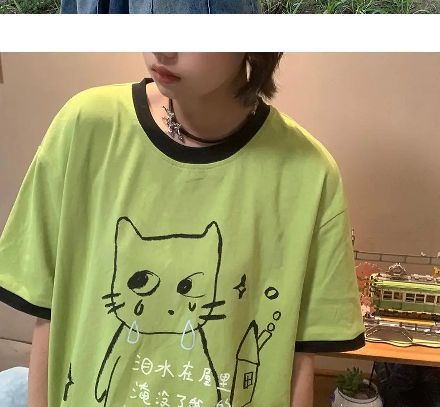 日本のサブカルチャー かわいい猫プリント 半袖Tシャツ レディース 夏 ヴィンテージ グリーン カジュアル ゆったり スウィートガール Y2K トップス