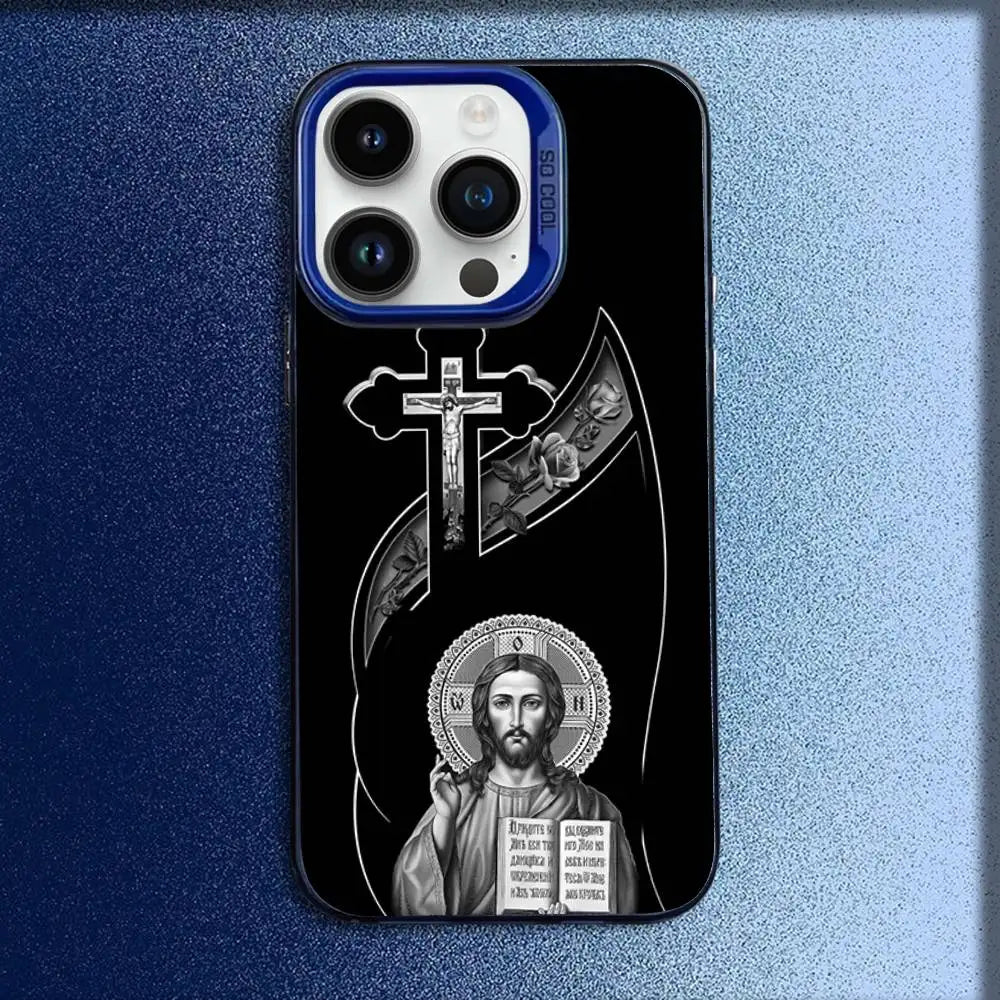 正教会の十字架アイコン教会電話ケース iPhone 16、15、14、13、12、11、Mini、Pro、E、MAX用 ブルーキャンディマット耐衝撃カバー