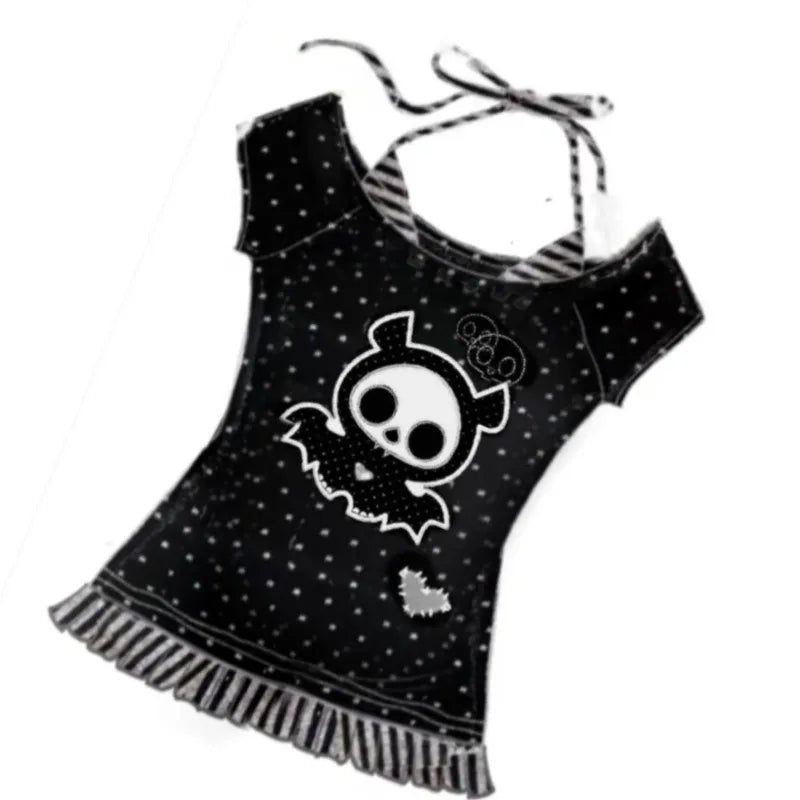 原宿系レディースかわいいフェイクツーTシャツ、日本のレトロサブカルチャー水玉Tシャツ、人気のY2K漫画プリントTシャツ、女性用トップス