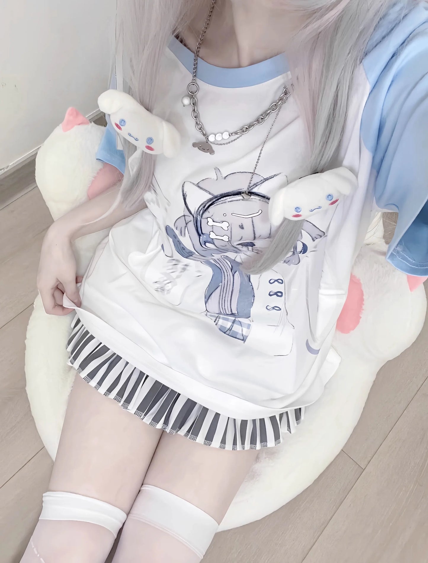 Girls Tees Popular Japanese Harajuku Cute Summer 2024 New Bule Subculture Short-sleeved T-shirt Pulovers Women Short Tops