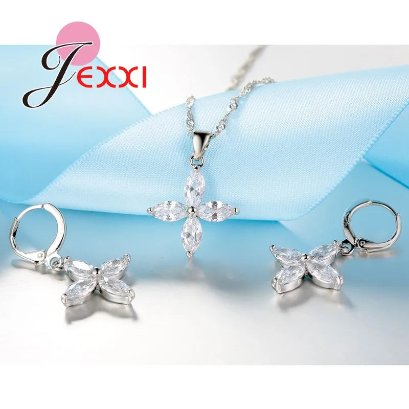 クラシックなヴィンテージクロスデザイン925スターリングシルバーペンダントネックレスイヤリングウェディングブライダルジュエリーセットレディース用