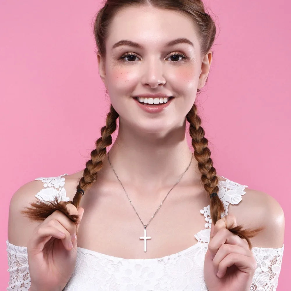 U7 925 Sterling Silver Cross Necklace 4.4g Shiny Cross Pendant Rolo Chain Minimalist Religious Christian Unisex Jewelry Gift