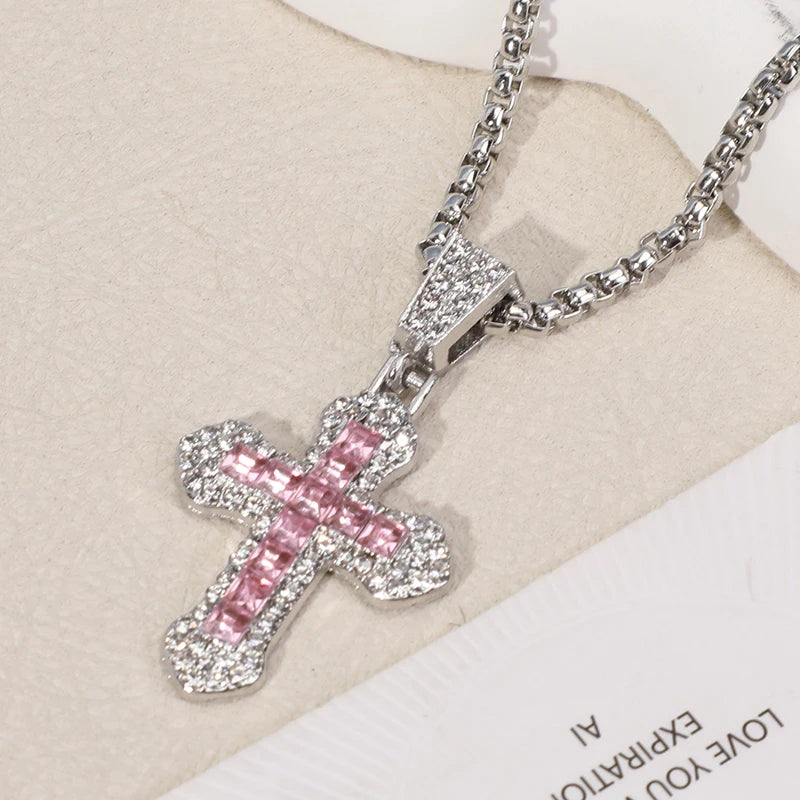 ラインストーンクロスペンダントネックレス メンズ レディース 万能セーターチェーン ヒップホップクロスネックレス ジュエリーアクセサリー ギフト