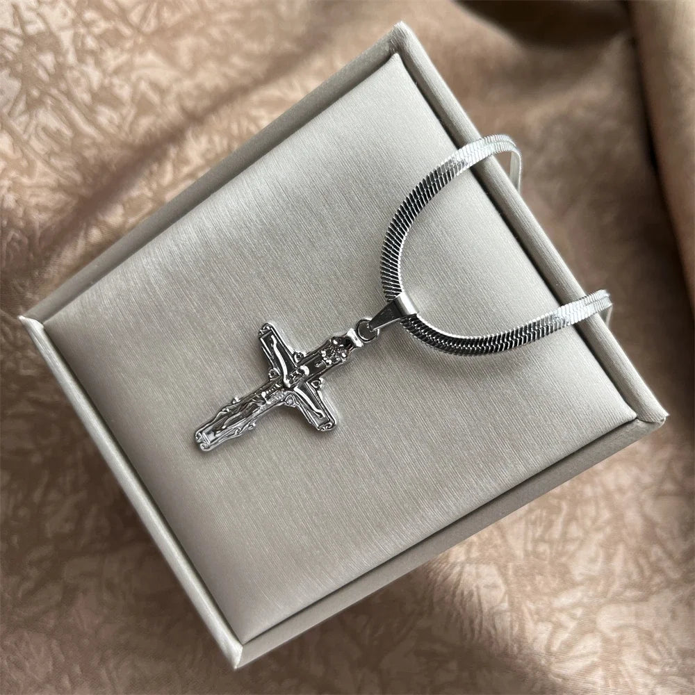 キリスト教イエス十字架ネックレス レディース メンズ ステンレススチールチェーン チョーカー 宗教的十字架ペンダント ジュエリー 祈り 洗礼ギフト
