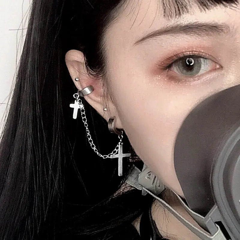 2個 メンズ レディース パンク ゴシック クロス イヤリング 誇張されたクラシック メタル クリスチャン チェーン ドロップ ダングル イヤリング ストリート ヒップホップ ジュエリー