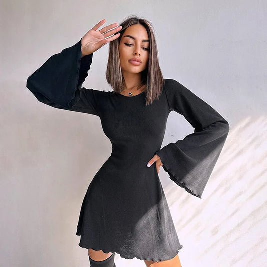 BKLD Black Dress Solid Color Knitted Round Neck Flare Long Sleeve Slim Fit A-Line Lace-Up Open Back Short Dresses For Women