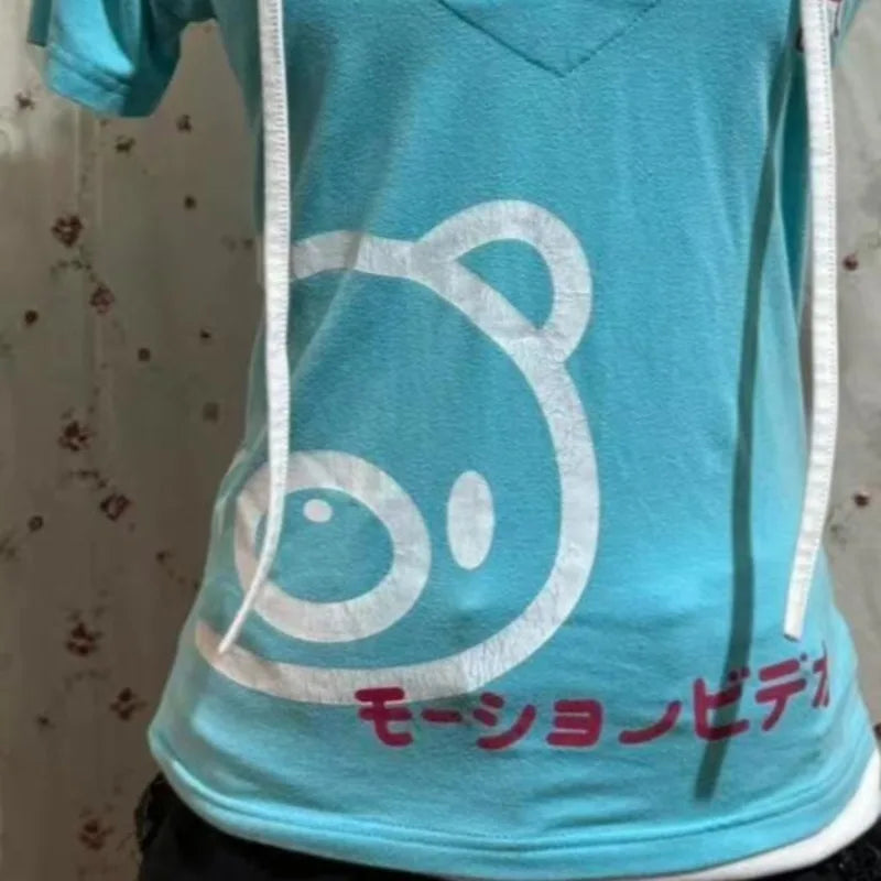 アメリカン・ホッティーTシャツ サブカルチャー ストライプ パッチワークTシャツ かわいい 原宿系 漫画 クマ プリントTシャツ レディース スリム フェイクツートップス