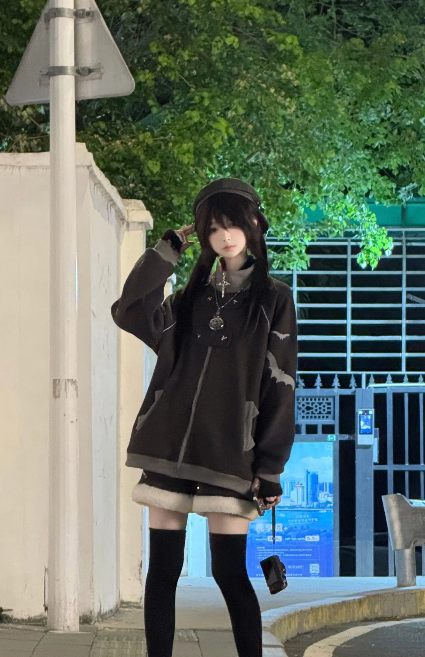 ファッションベルベットスタンドカラーサブカルチャー猫耳フード付きスウェットシャツジャケットオリジナルゴシック長袖ゆったり暖かいエレガントコート