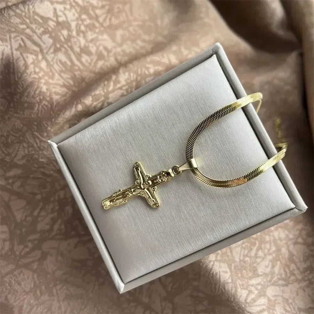 キリスト教イエス十字架ネックレス レディース メンズ ステンレススチールチェーン チョーカー 宗教的十字架ペンダント ジュエリー 祈り 洗礼ギフト