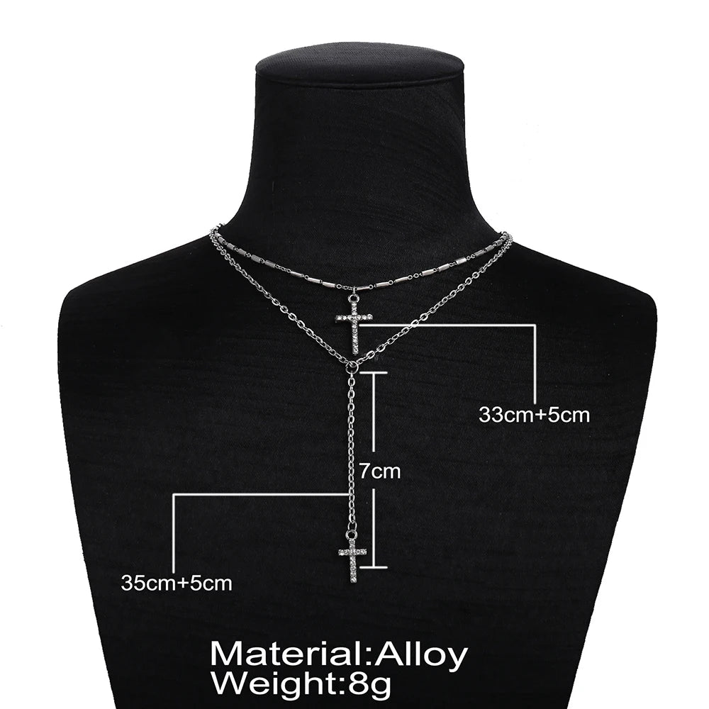 ファッションゴールドプレートクリスタルクロスネックレスペンダントボヘミアンダブルレイヤーネックレスカトリック宗教クリスチャンステートメントジュエリー