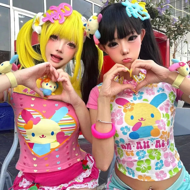 日本のレトロドーパミン半袖Tシャツかわいい漫画ウサギプリントTシャツ夏レディーススリムスイートサブカルチャー服トップス